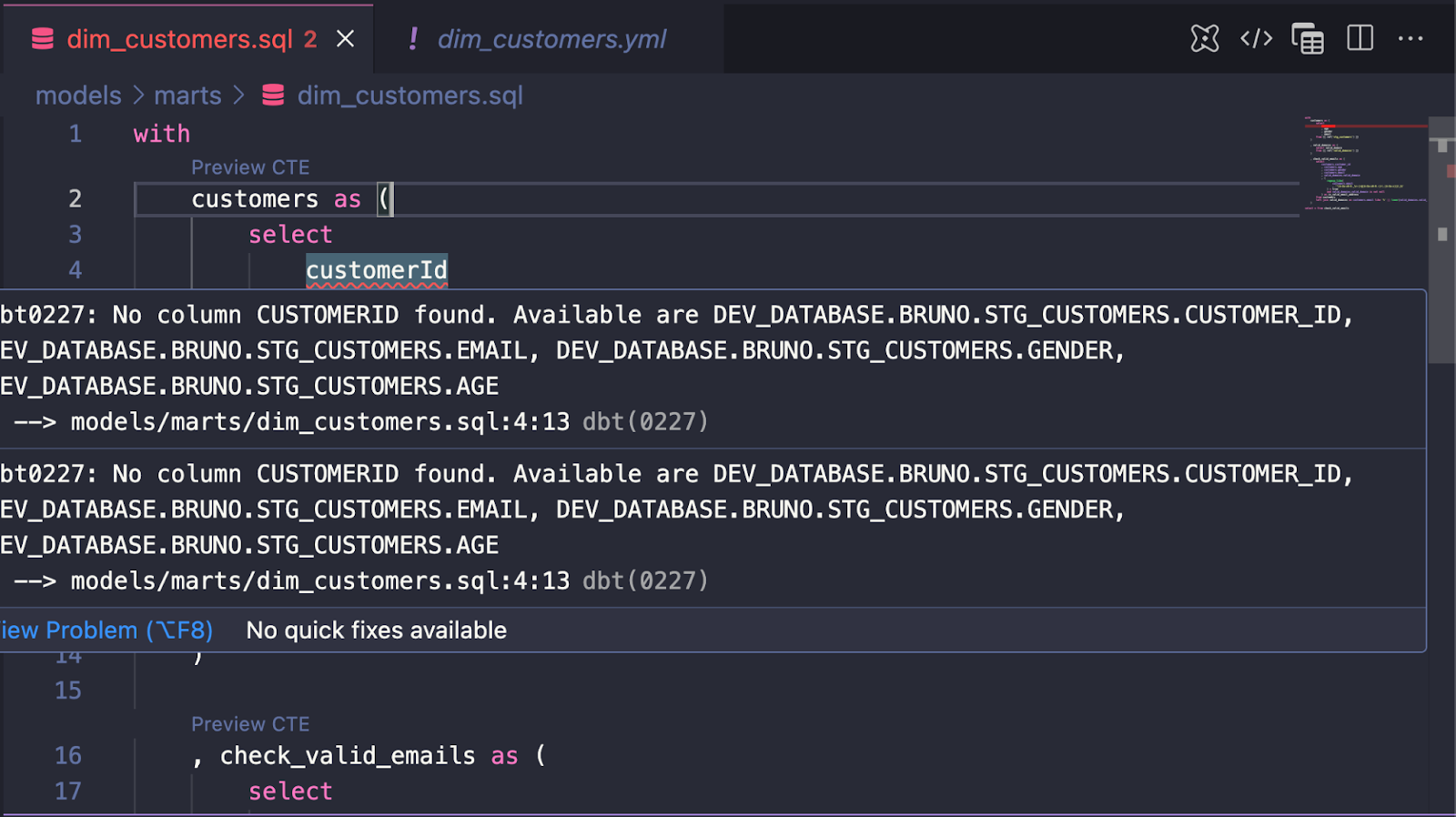 Showing column name errors.