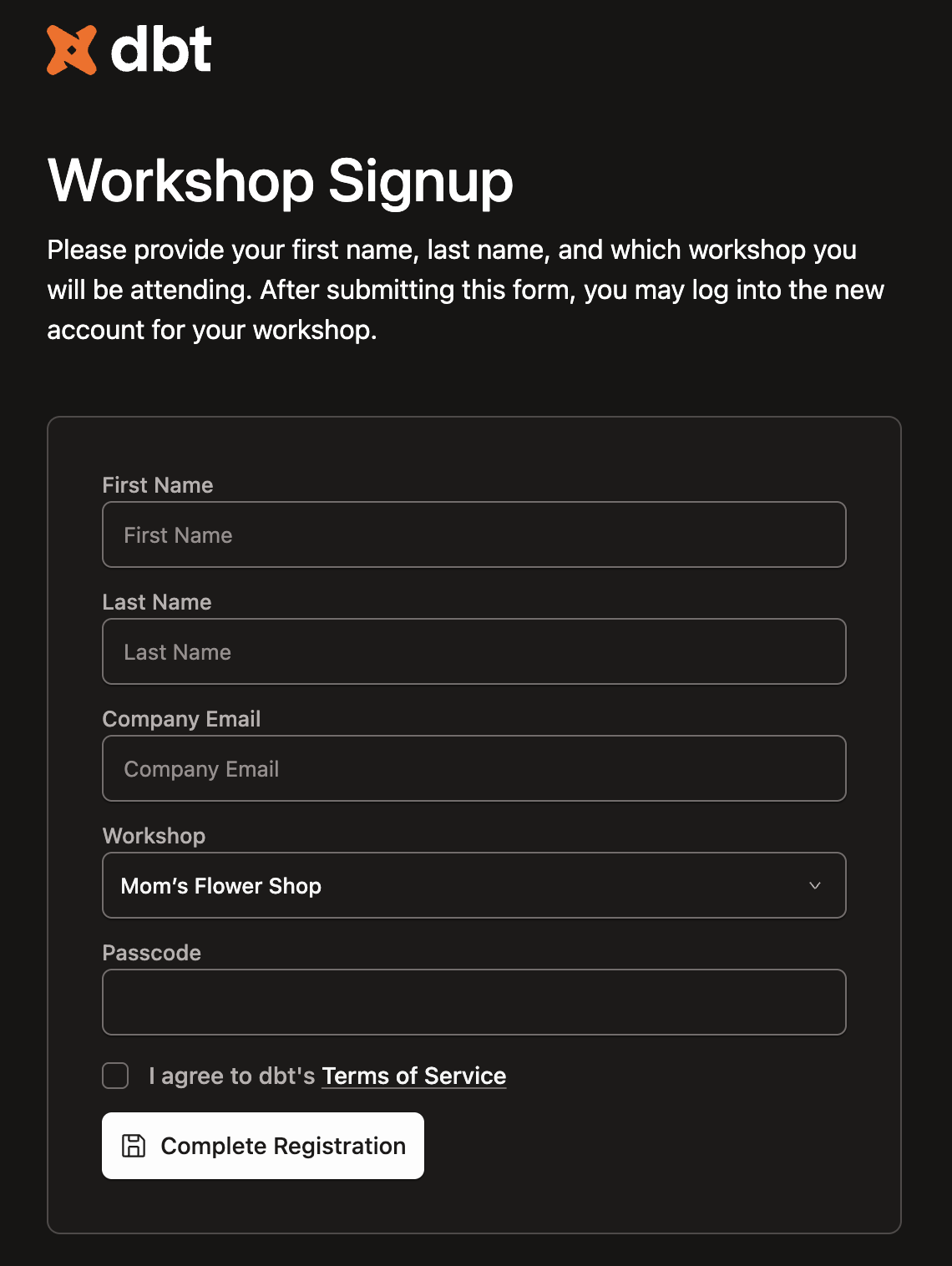 The form for accessing your Fusion Sandbox in dbt platform. The form for accessing your Fusion Sandbox in dbt platform.